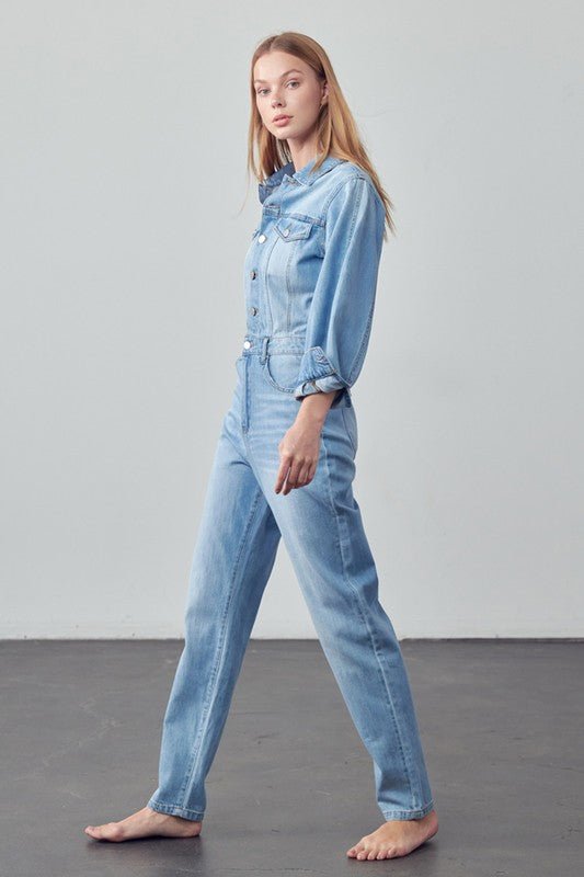 High Waist Flap Pocket Half Button Denim Jumpsuit - Mack & Harvie