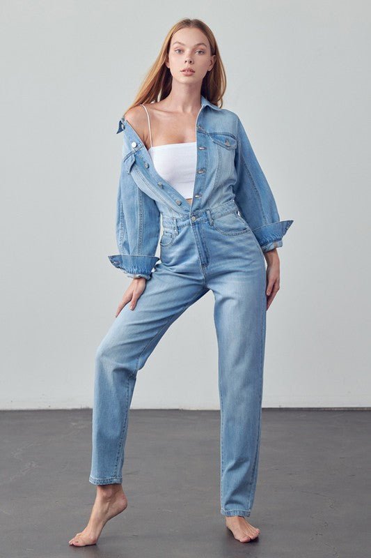 High Waist Flap Pocket Half Button Denim Jumpsuit - Mack & Harvie