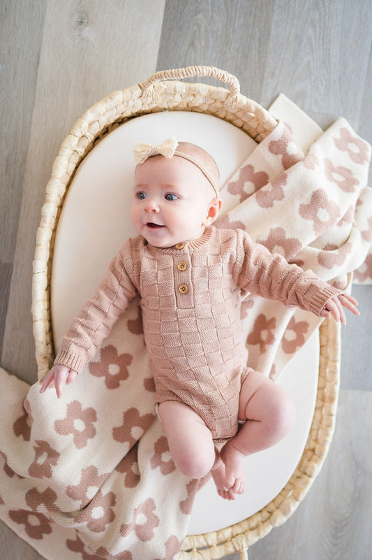 Knitted Baby Blanket - Mocha Daisy - Mack & Harvie