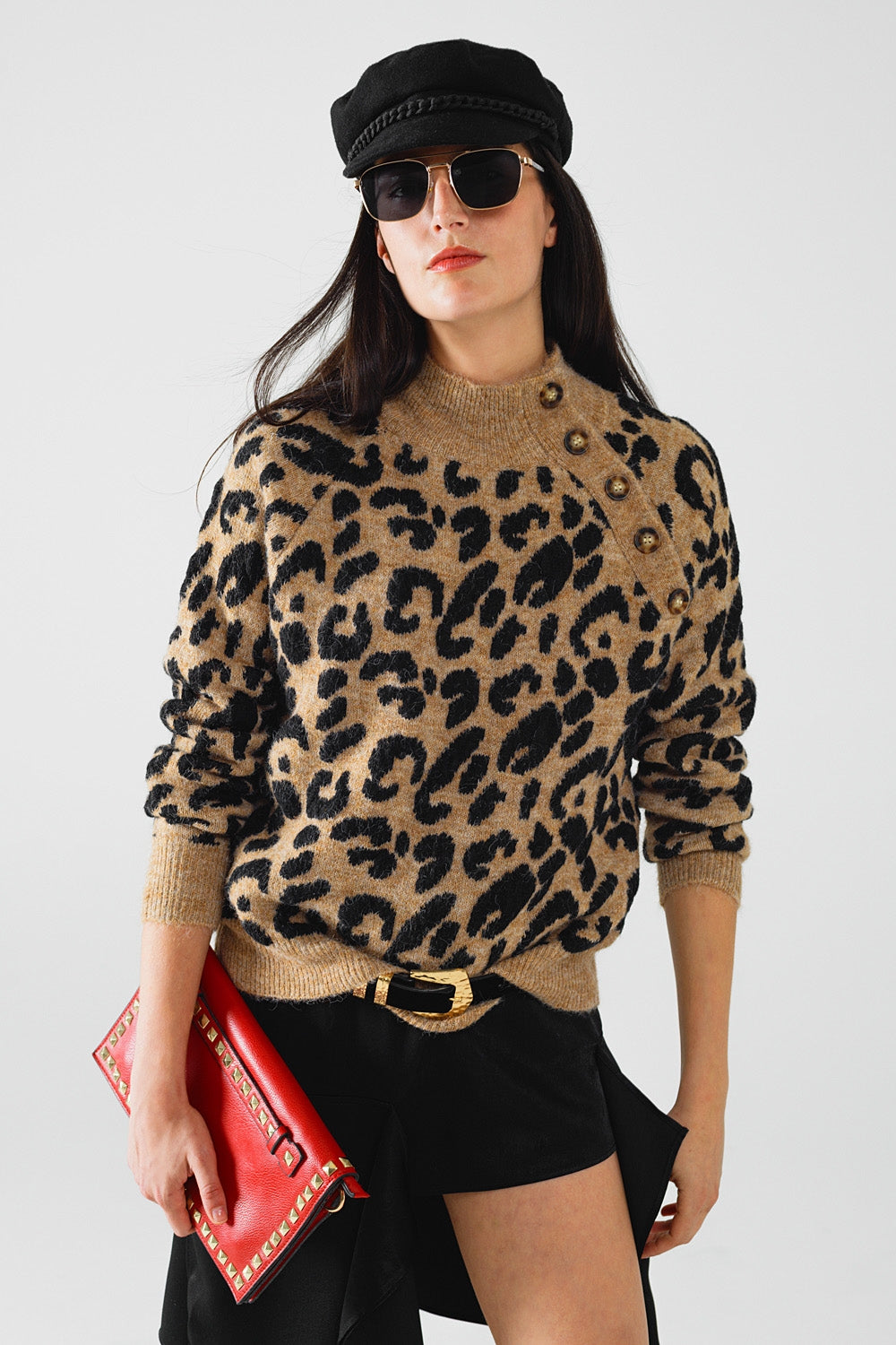 Leopard Knit Sweater With Buttons on the Side