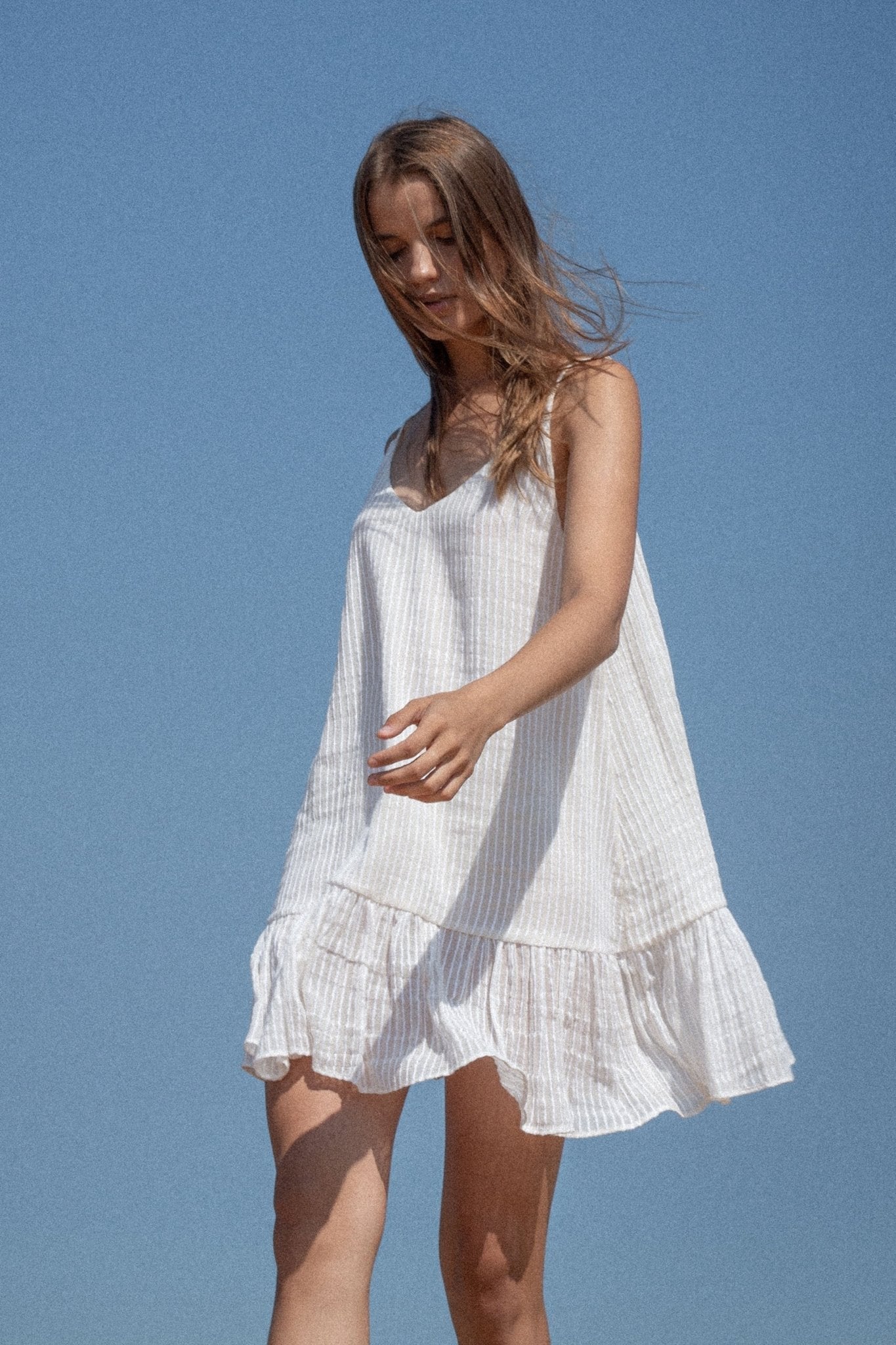 Liv Mini Ruffle Dress - White Stripes - Mack & Harvie