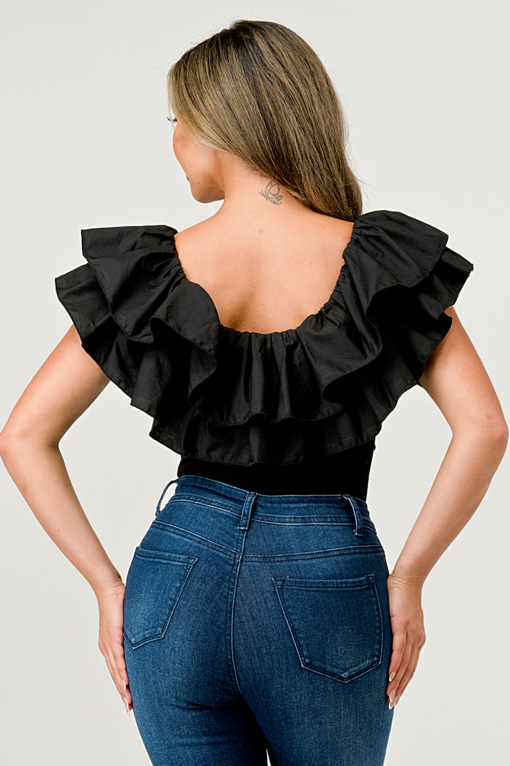 Black Popline Ruffle Bodysuit