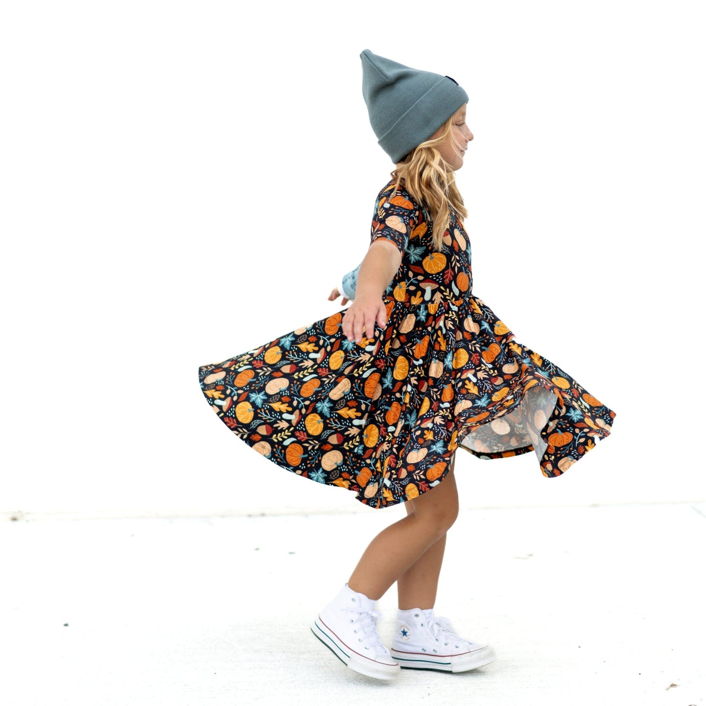 MID SLEEVE TWIRL DRESS - Pumpkin Leaves - Mack & Harvie