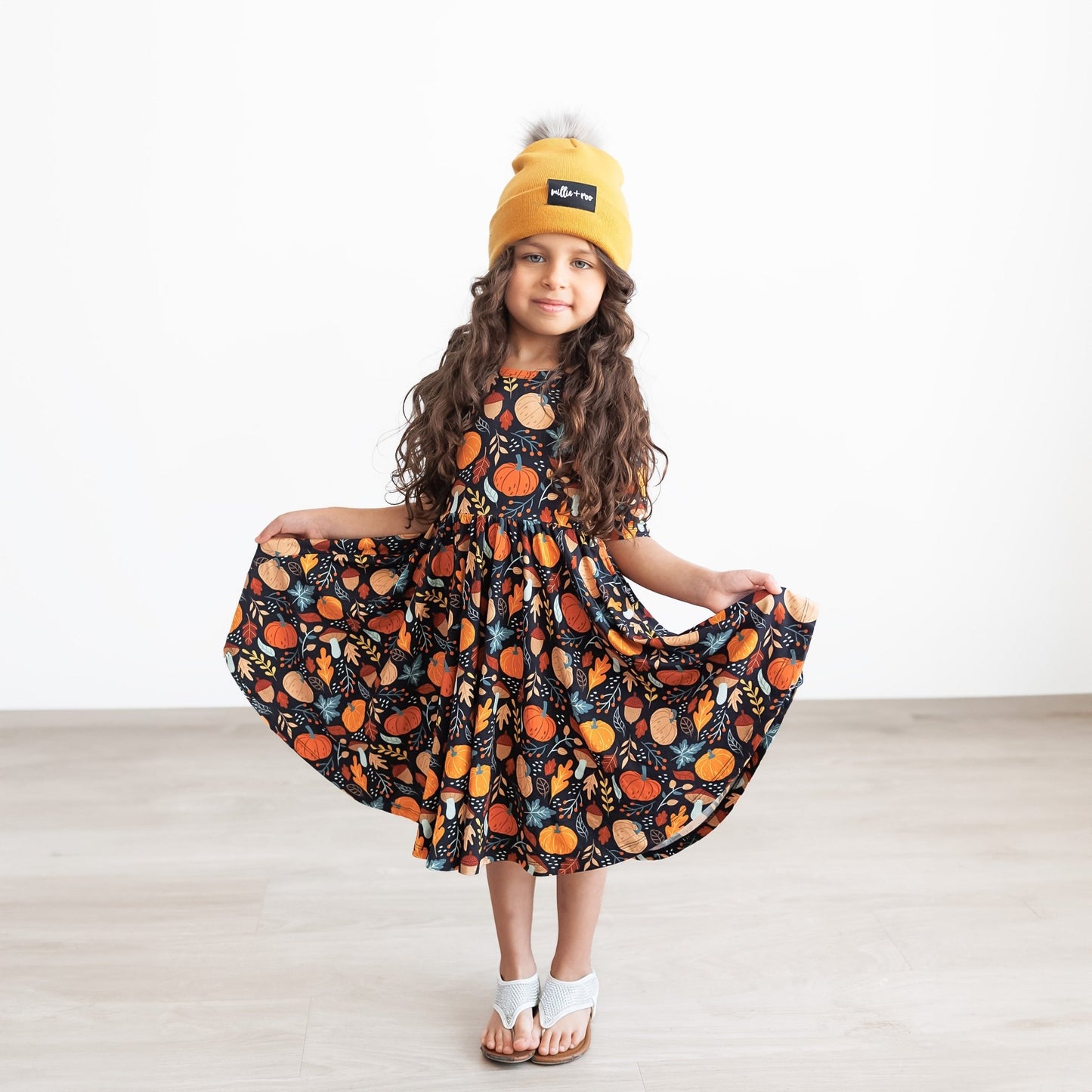 MID SLEEVE TWIRL DRESS - Pumpkin Leaves - Mack & Harvie