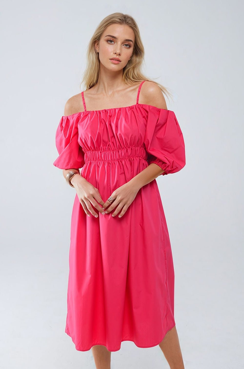Midi Fuchsia Dress With Short Sleeves and Straps - Mack & Harvie