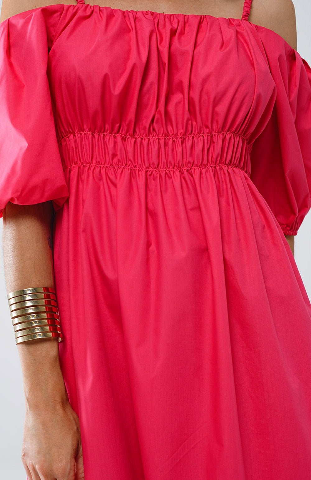 Midi Fuchsia Dress With Short Sleeves and Straps - Mack & Harvie