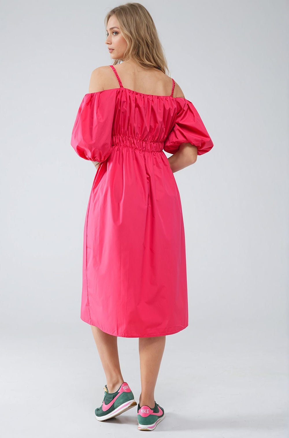 Midi Fuchsia Dress With Short Sleeves and Straps - Mack & Harvie