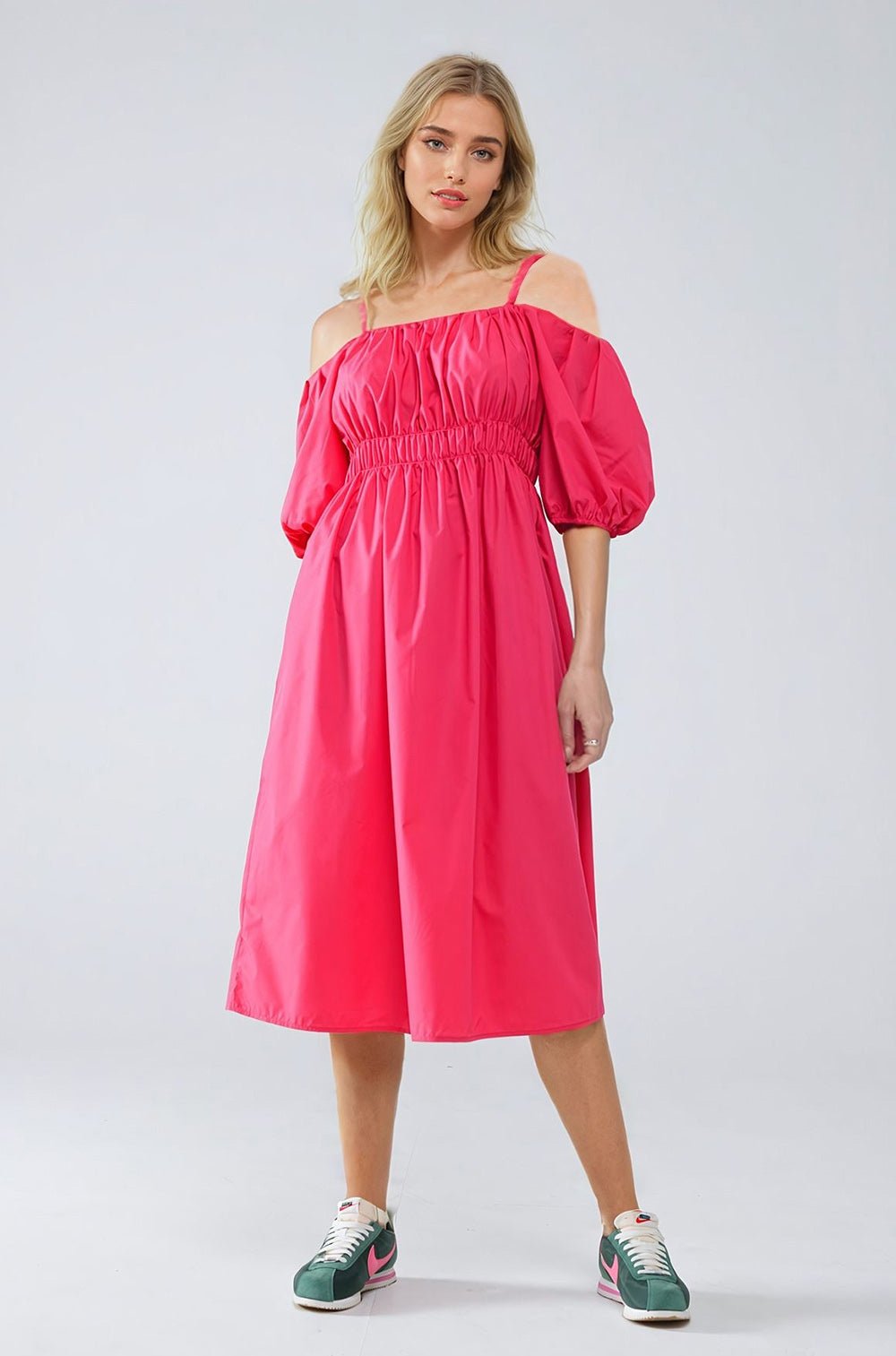 Midi Fuchsia Dress With Short Sleeves and Straps - Mack & Harvie