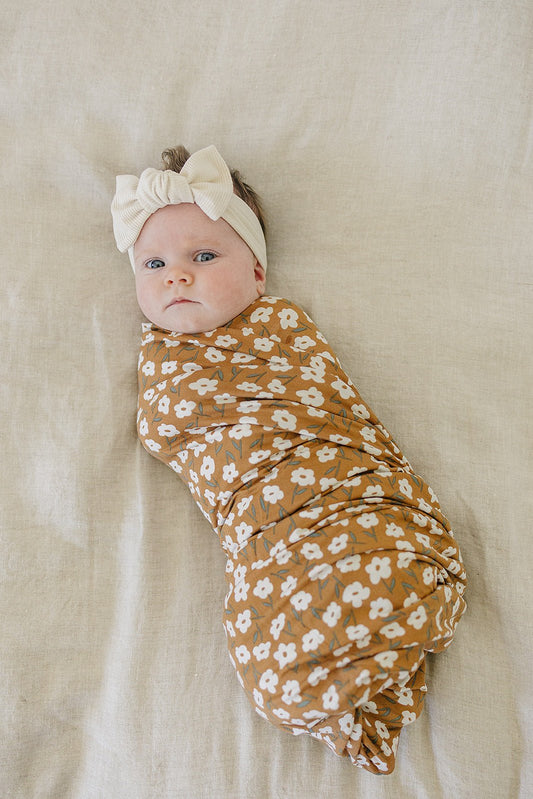 Mustard Floral Bamboo Stretch Swaddle - Mack & Harvie