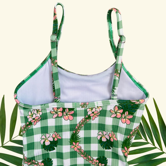 Plumeria Green Gingham One Piece scrunch Ribbed Bikini