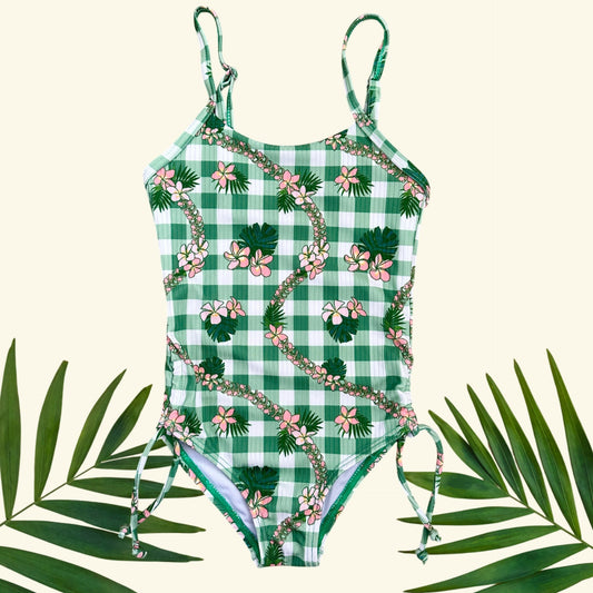 Plumeria Green Gingham One Piece scrunch Ribbed Bikini