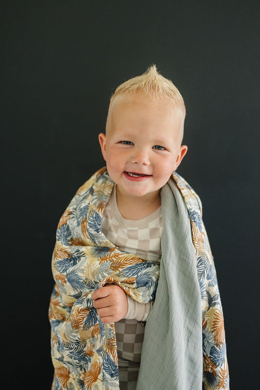 Paradise Palms+ Dusty Blue Muslin Quilt - Mack & Harvie