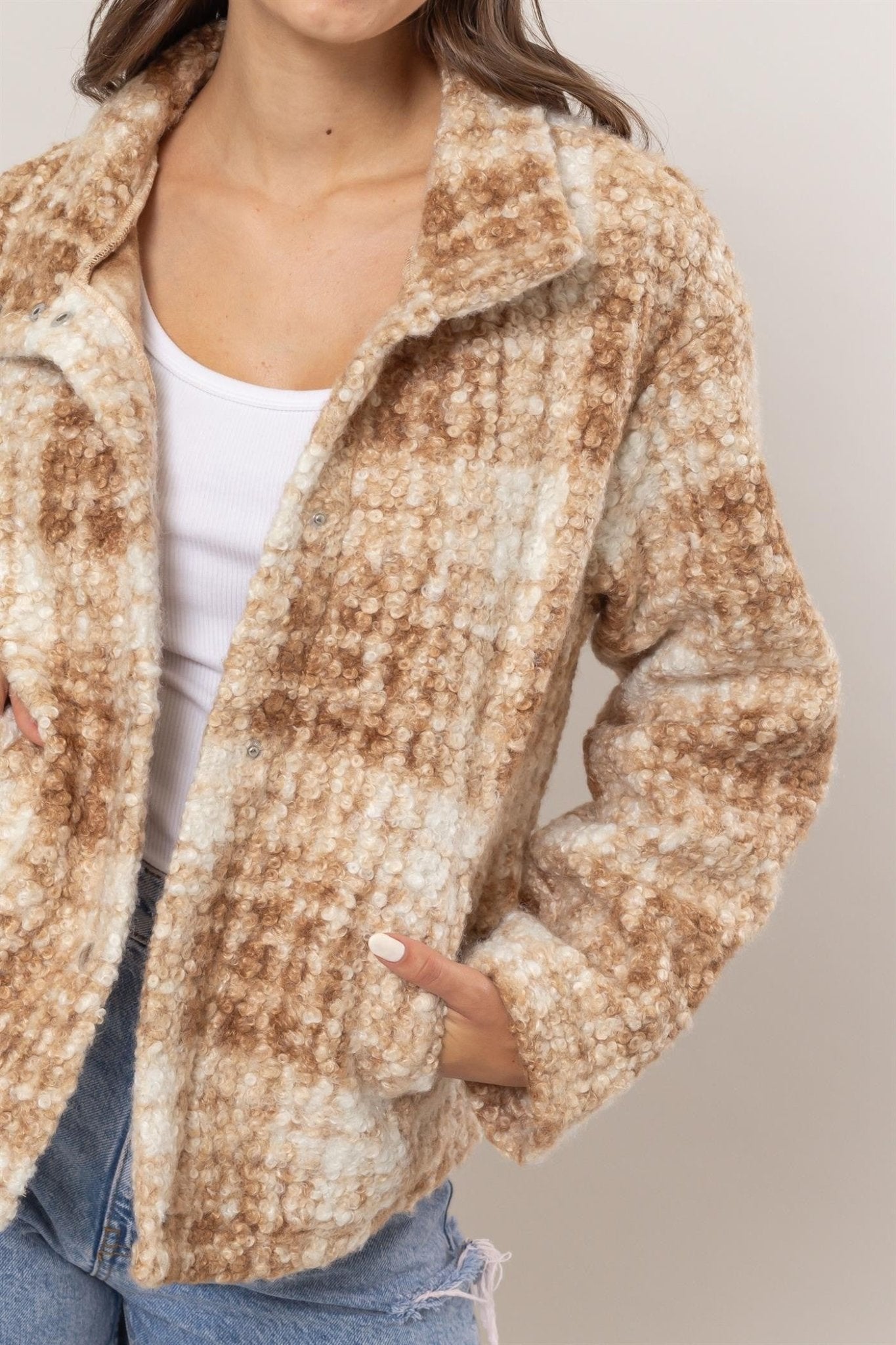 Plaid Collared Neck Boucle Jacket with Pockets - Mack & Harvie