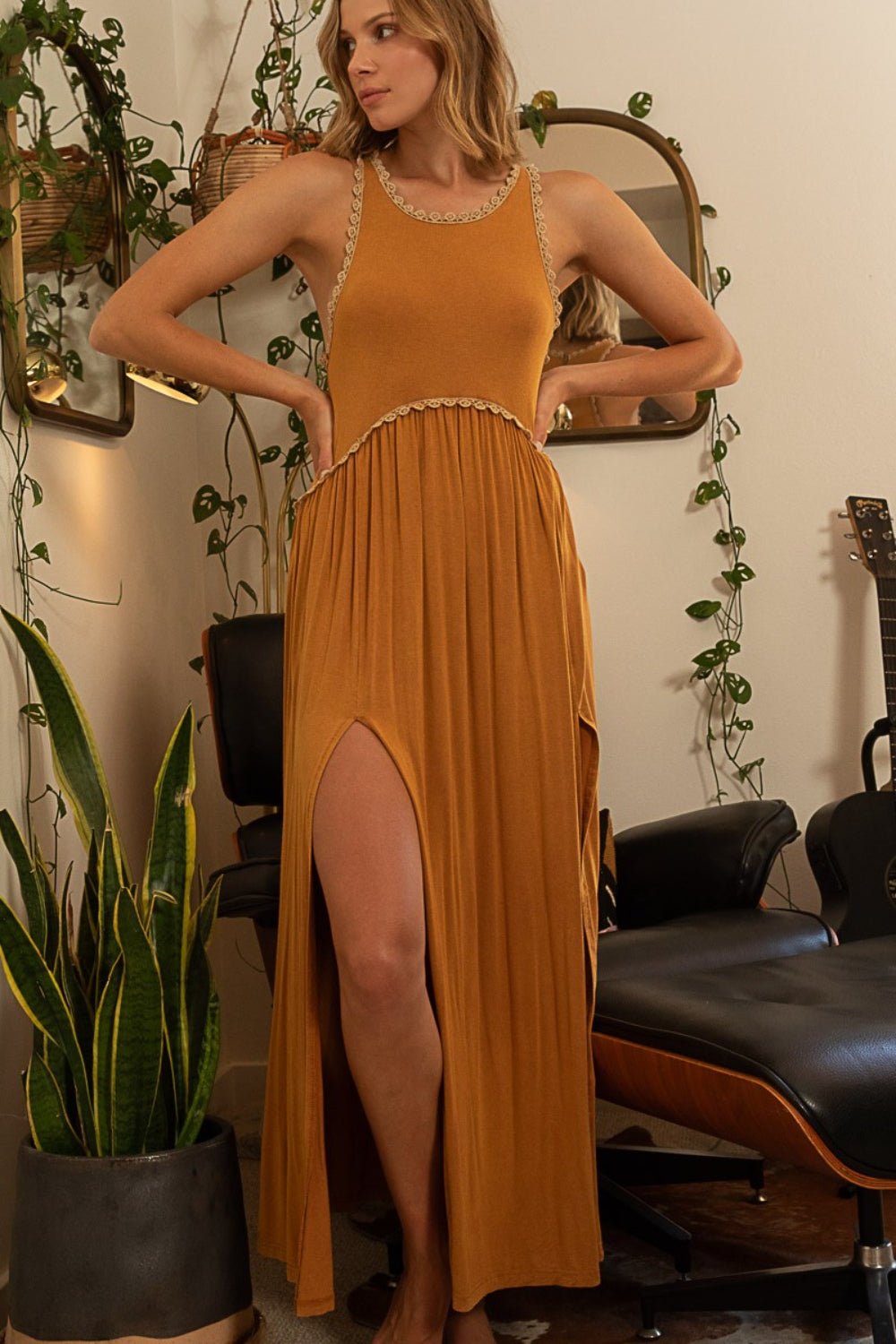 POL Sleeveless Back Zipper Front Slit Maxi Dress - Mack & Harvie