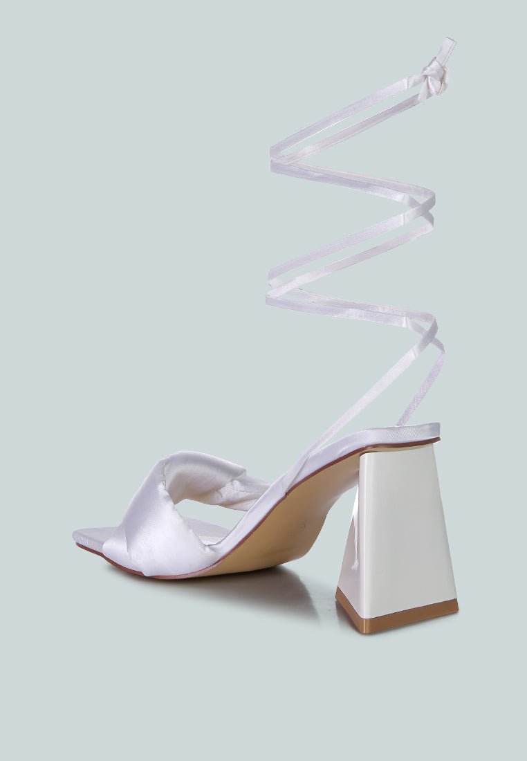 Pristine Satin Strap Triangular Block Heel Sandals - Mack & Harvie