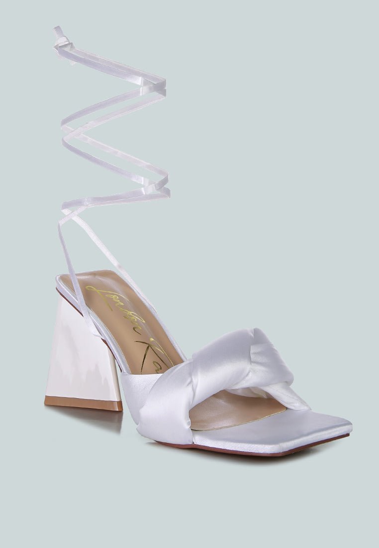 Pristine Satin Strap Triangular Block Heel Sandals - Mack & Harvie