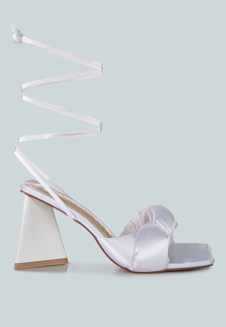 Pristine Satin Strap Triangular Block Heel Sandals - Mack & Harvie