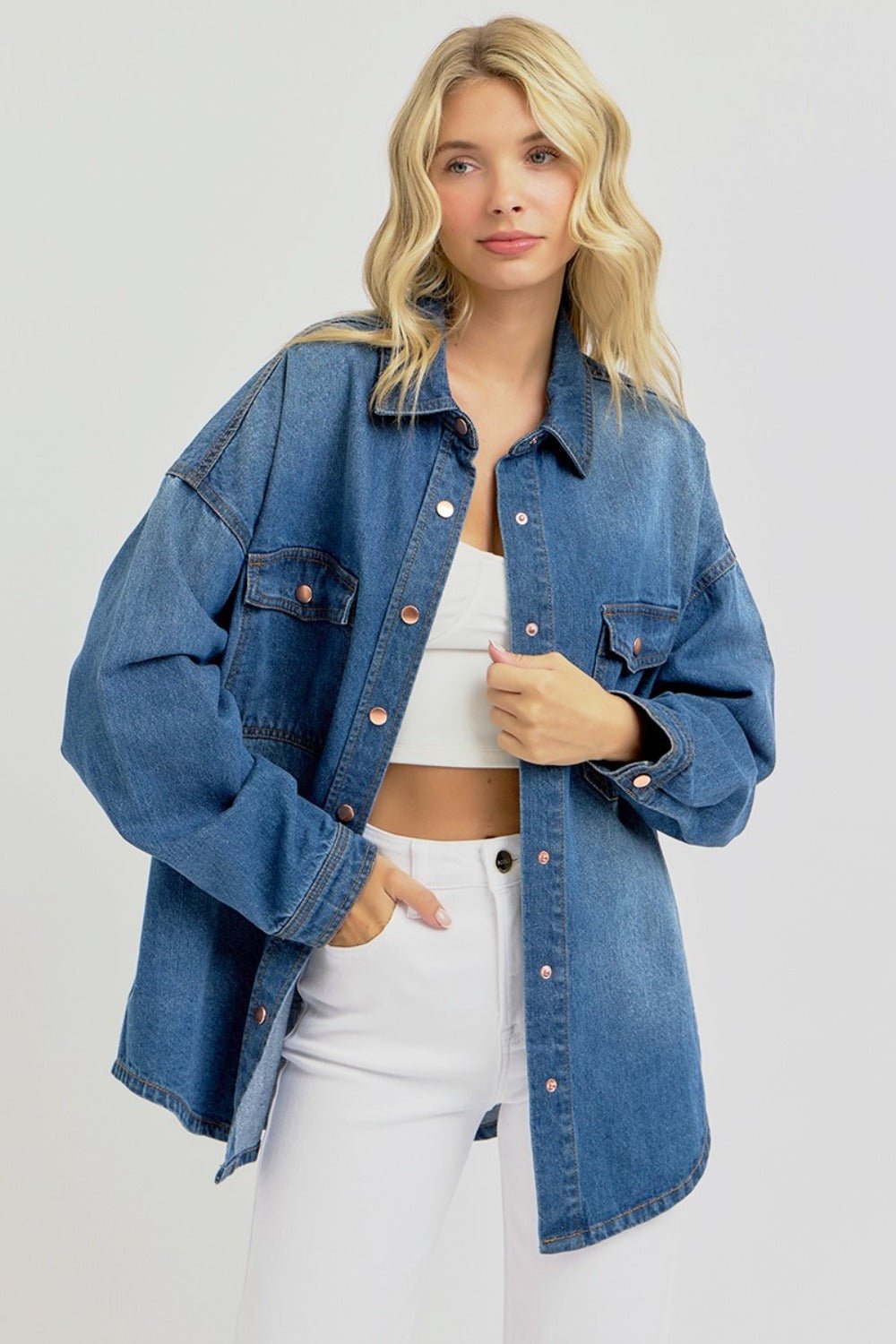 RISEN Full Size Snap Down Long Sleeve Denim Shacket - Mack & Harvie