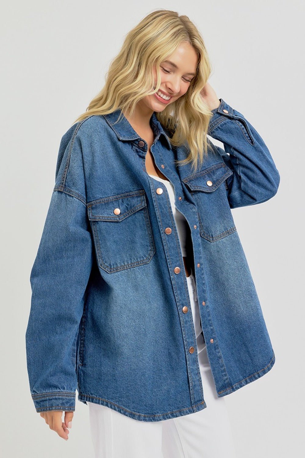 RISEN Full Size Snap Down Long Sleeve Denim Shacket - Mack & Harvie