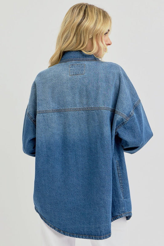 RISEN Full Size Snap Down Long Sleeve Denim Shacket - Mack & Harvie