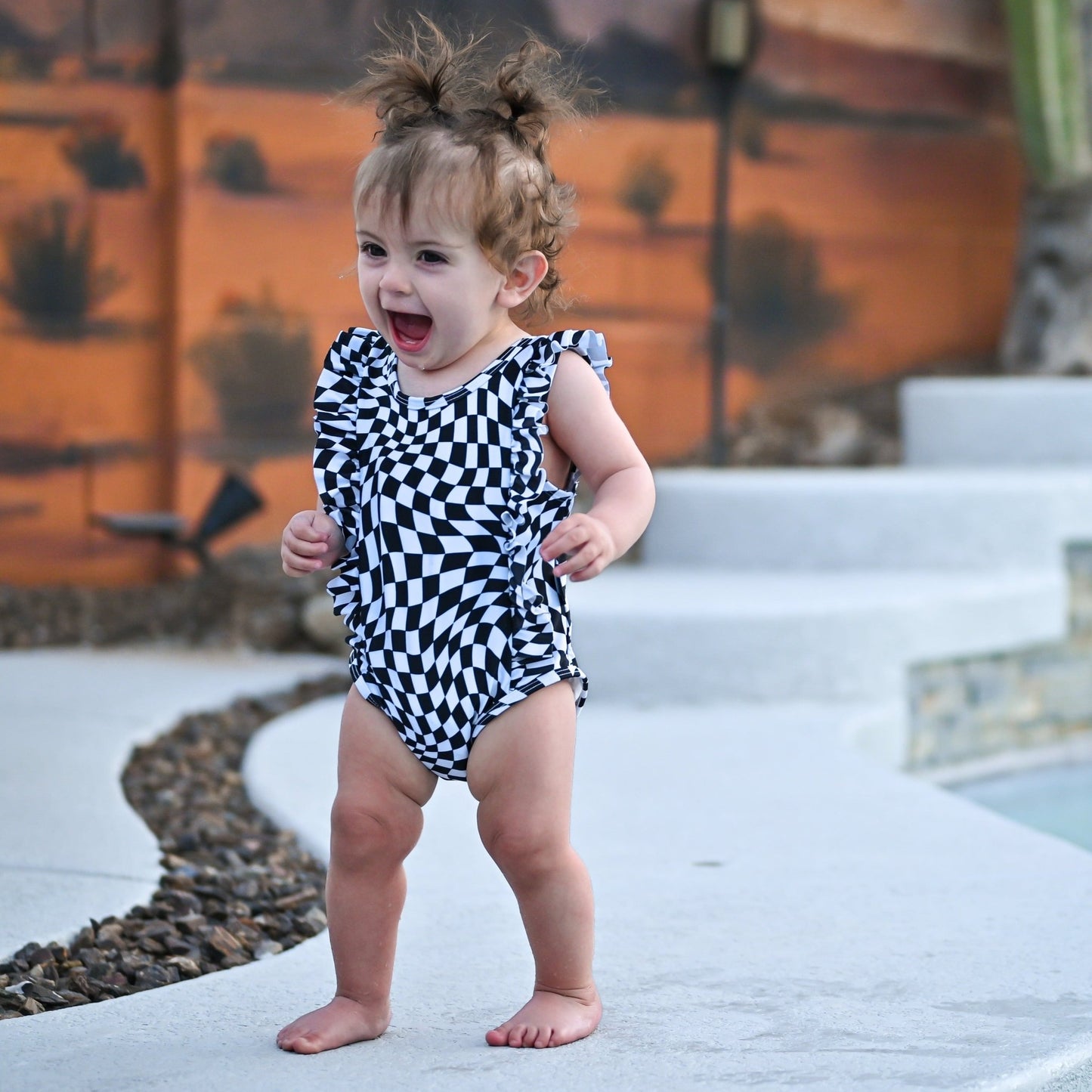 RUFFLE SWIMSUIT- B+W Dizzy Check - Mack & Harvie