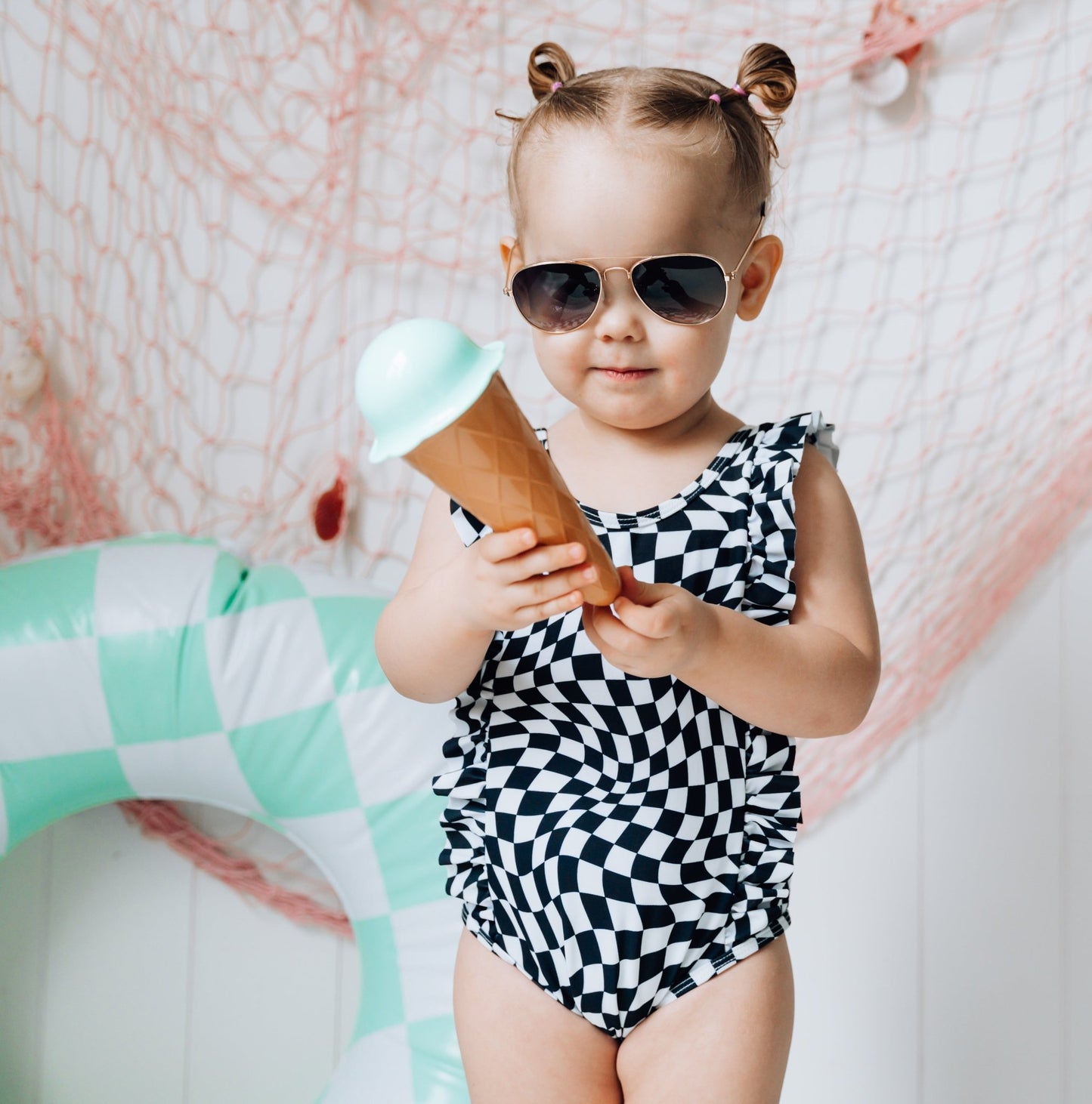 RUFFLE SWIMSUIT- B+W Dizzy Check - Mack & Harvie