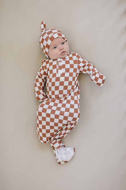 Rust Checkered Bamboo Newborn Knot Hat - Mack & Harvie