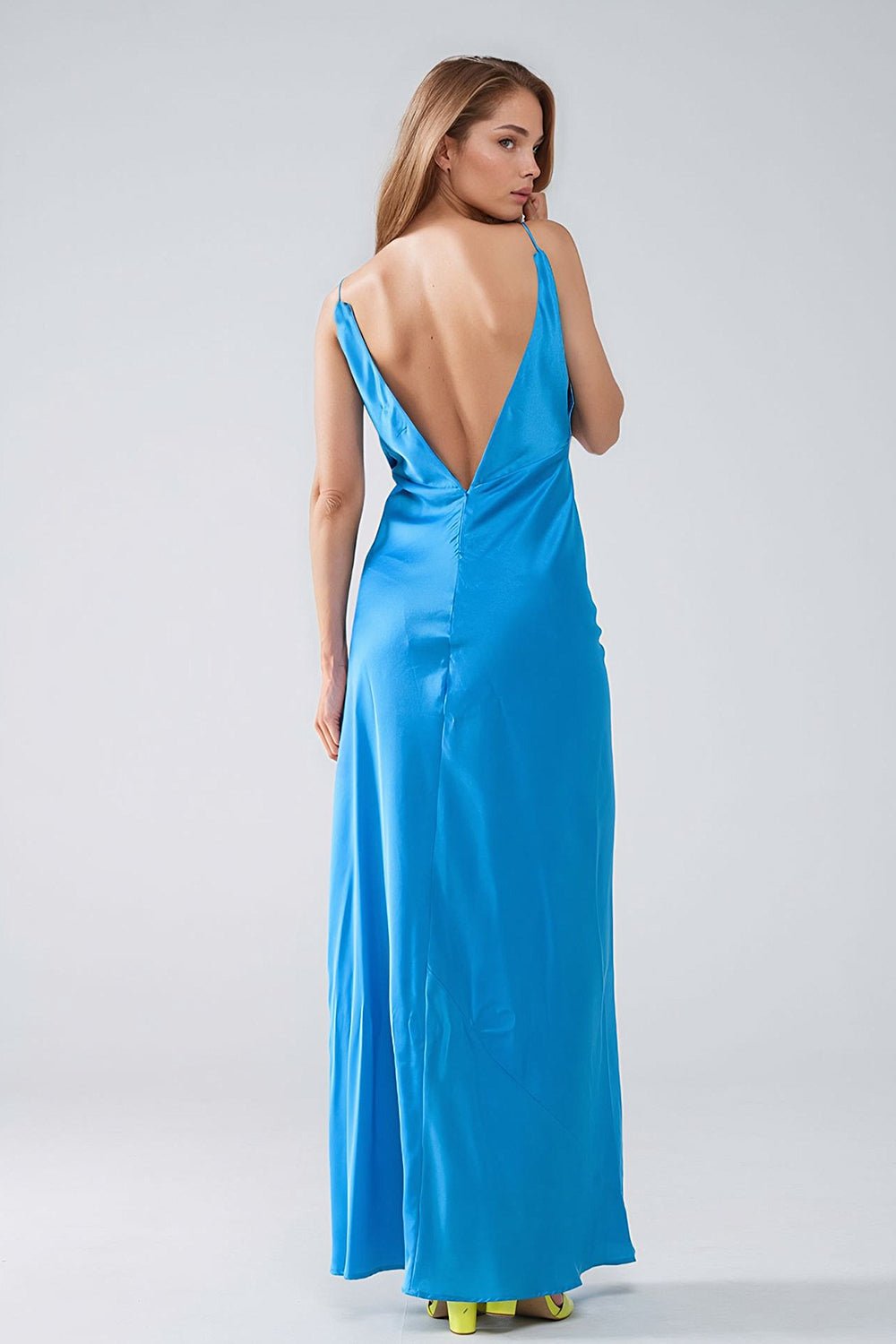 Satin Maxi Dress With Spaghetti Straps in Blue - Mack & Harvie