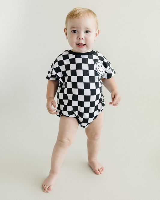 Short Sleeve Bubble Romper | Checkered Smiley Black - Mack & Harvie