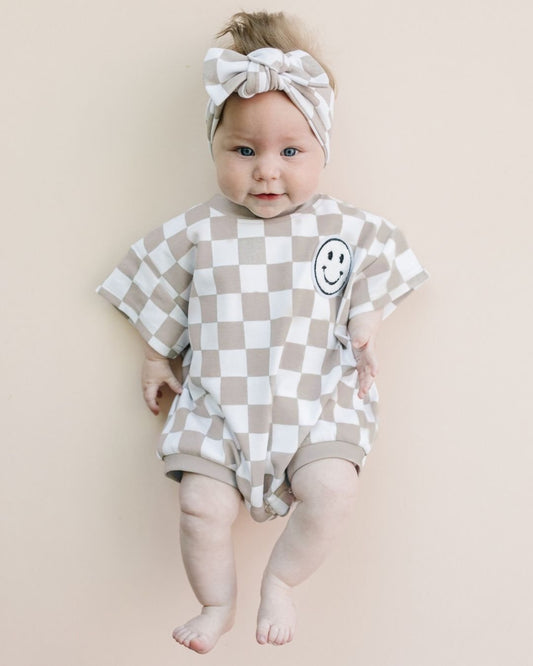 Short Sleeve Bubble Romper | Checkered Smiley Latte - Mack & Harvie