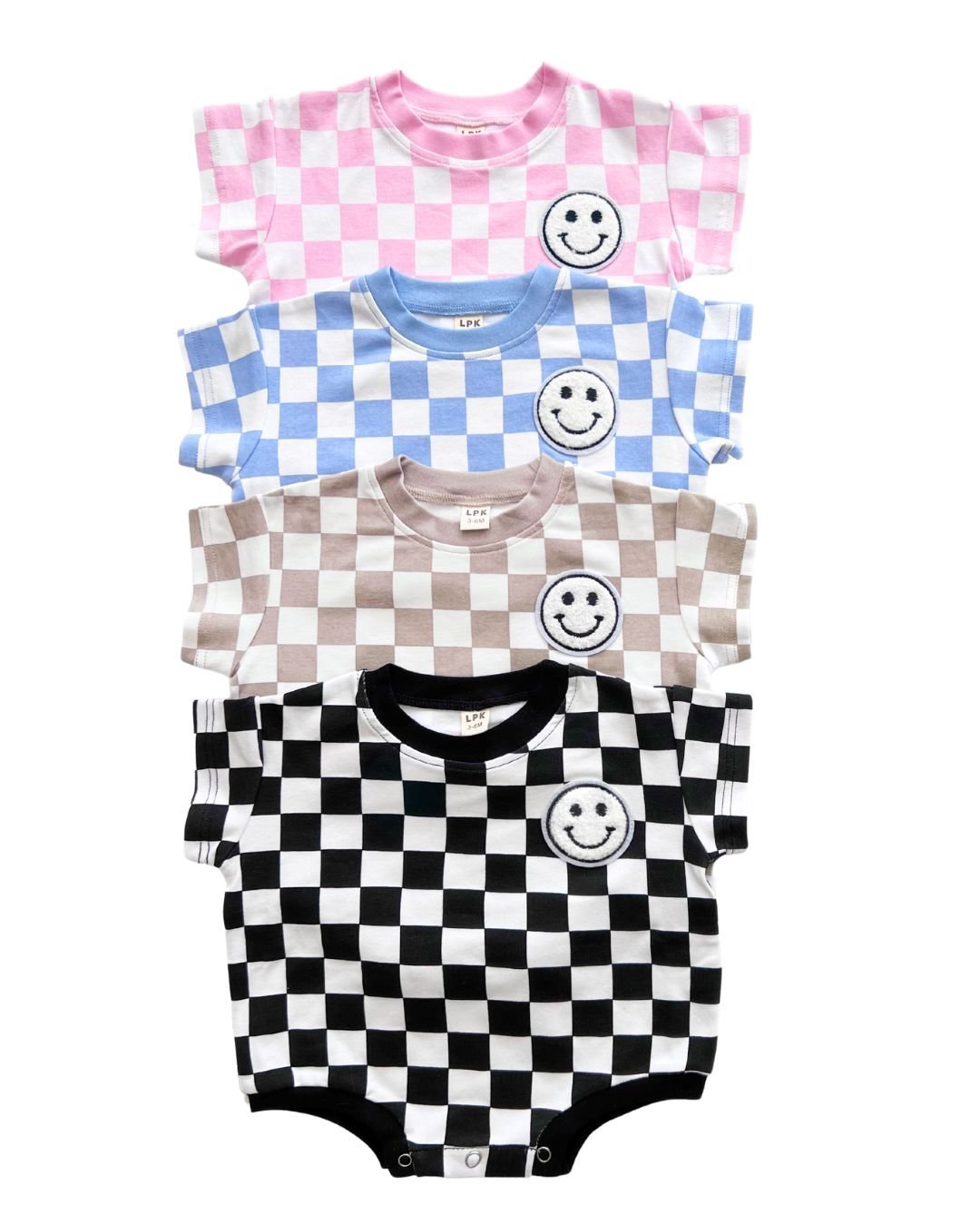 Short Sleeve Bubble Romper | Checkered Smiley Latte - Mack & Harvie
