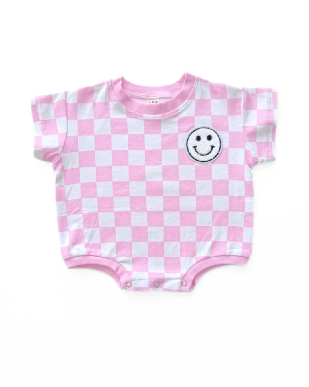 Short Sleeve Bubble Romper | Checkered Smiley Pink - Mack & Harvie