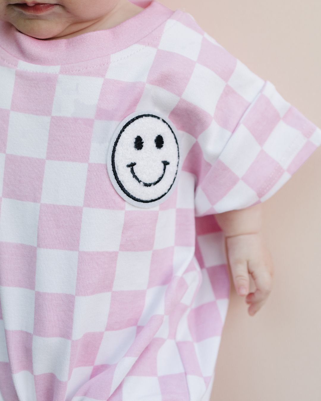 Short Sleeve Bubble Romper | Checkered Smiley Pink - Mack & Harvie
