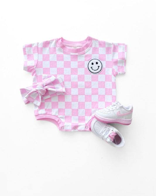 Short Sleeve Bubble Romper | Checkered Smiley Pink - Mack & Harvie