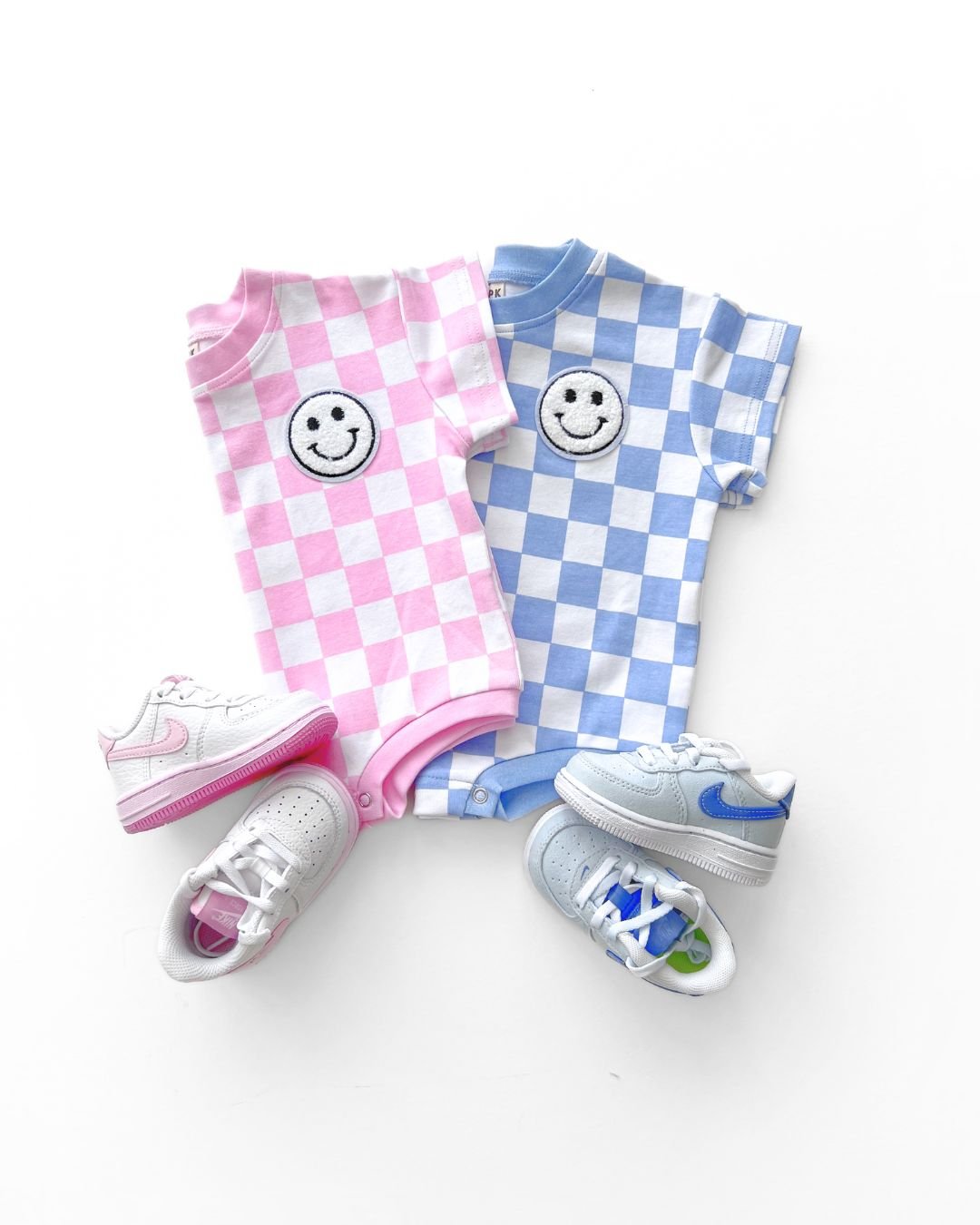 Short Sleeve Bubble Romper | Checkered Smiley Pink - Mack & Harvie