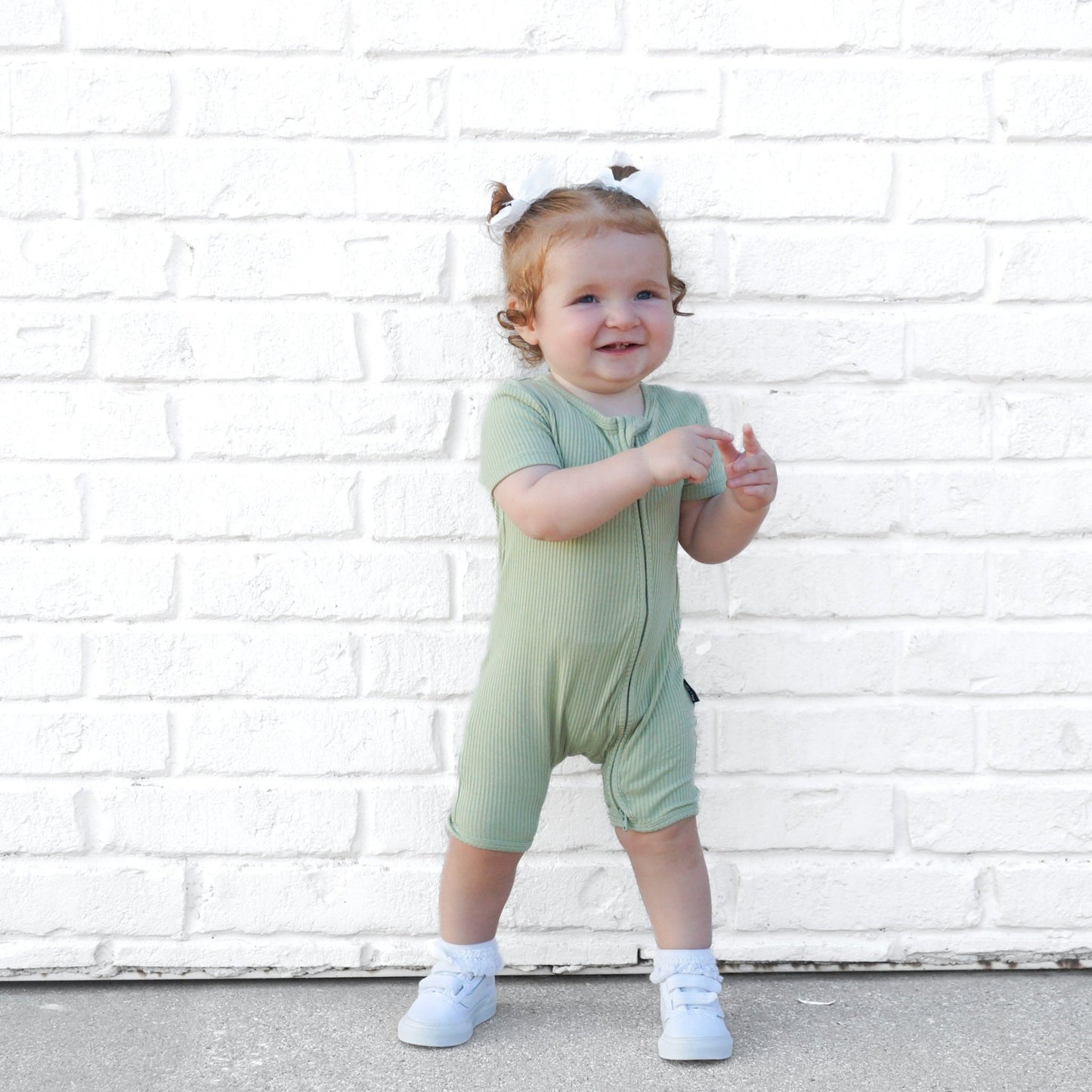 SHORTIE ZIP ROMPER - Pistachio Ribbed - Mack & Harvie