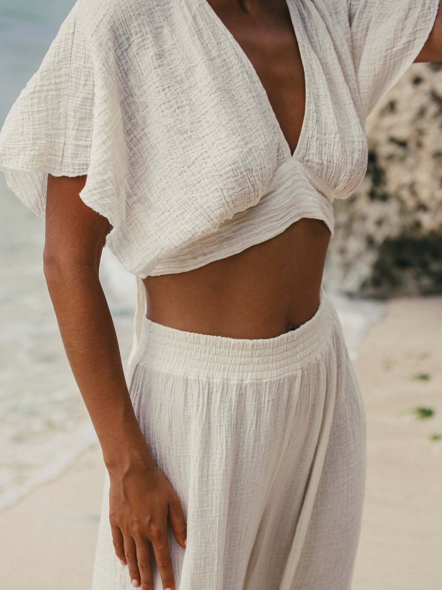 Skye Palazzo Pants - Natural With Gold Stripes - Mack & Harvie