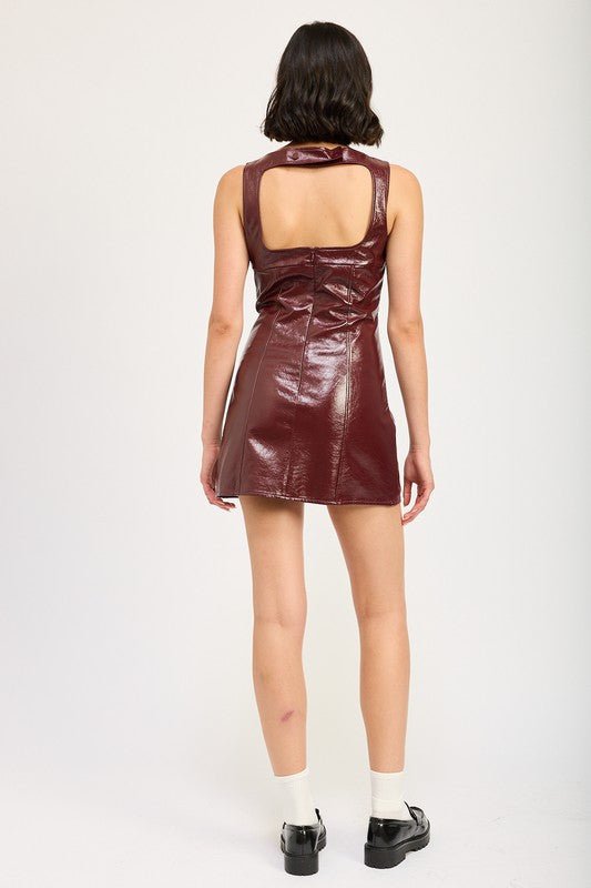 SQUARED NECK LEATHER MINI DRESS WITH OPEN BACK - Mack & Harvie