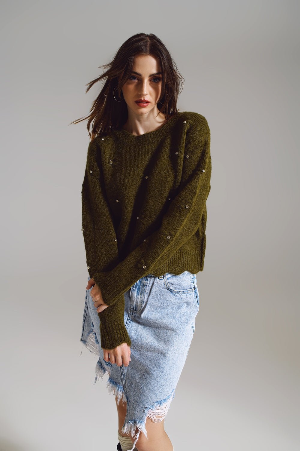 Sweater With Knitted Flowers and Strass Embellished in Khaki - Mack & Harvie