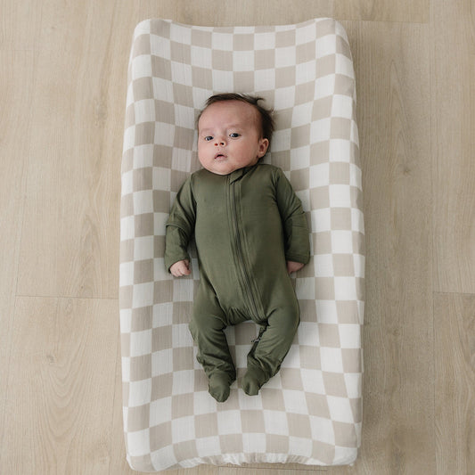 Taupe Checkered Muslin Changing Pad Cover - Mack & Harvie