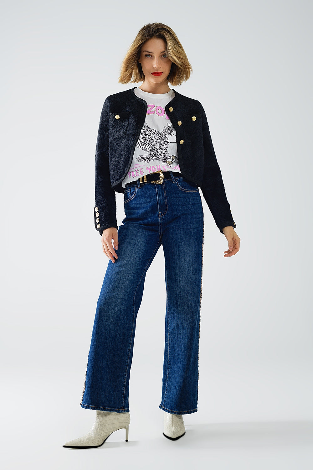 Wide Leg Jeans With Leopard Stripe on Side