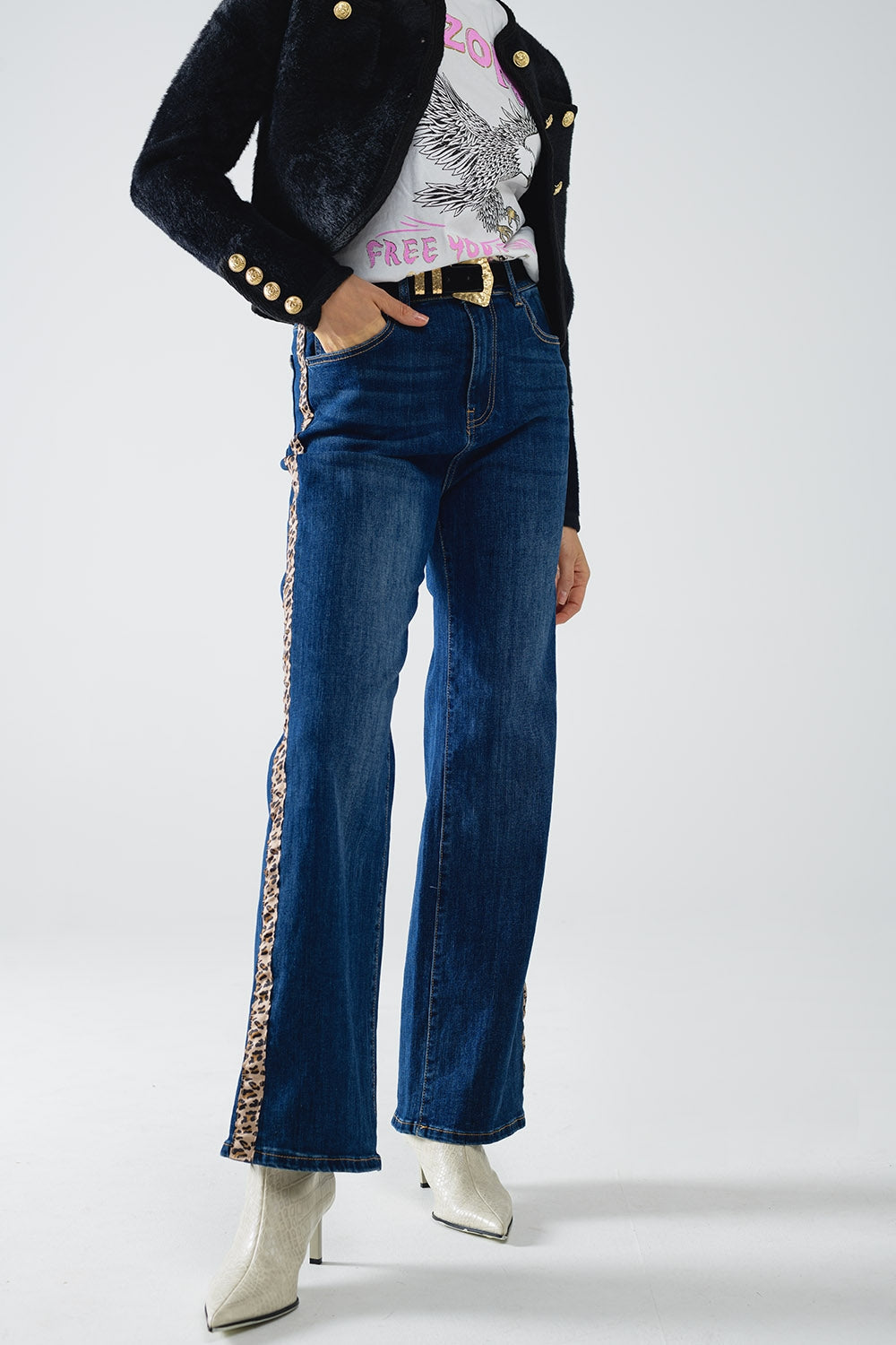 Wide Leg Jeans With Leopard Stripe on Side
