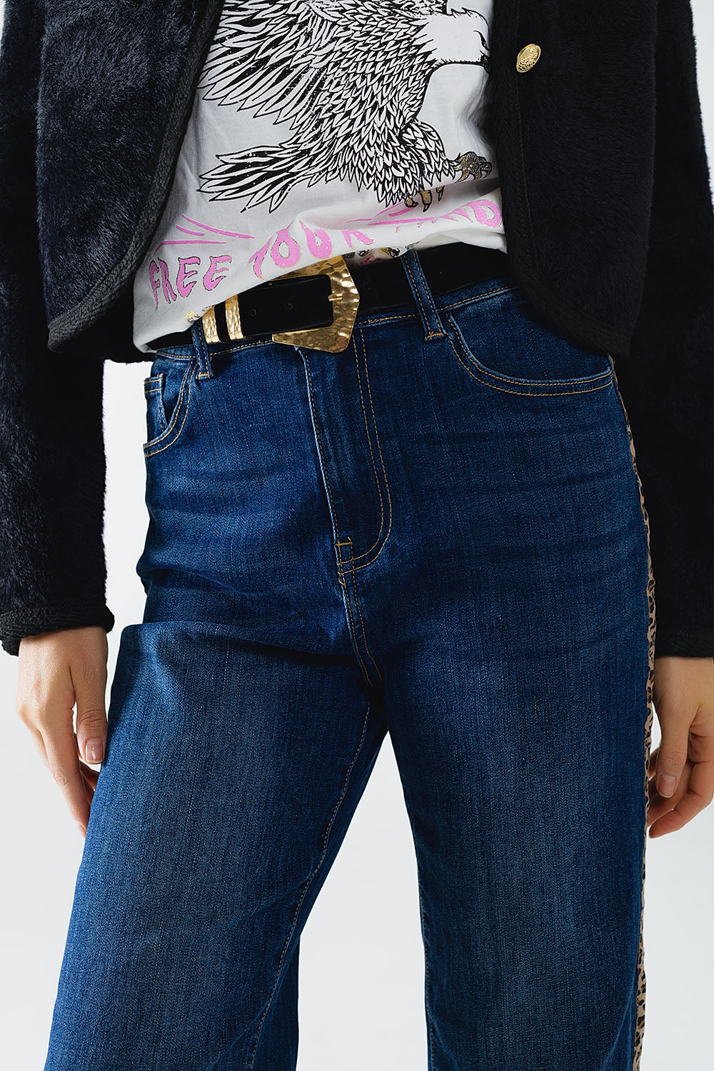 Wide Leg Jeans With Leopard Stripe on Side