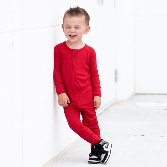 ZIP ROMPER - Red Ribbed - Mack & Harvie