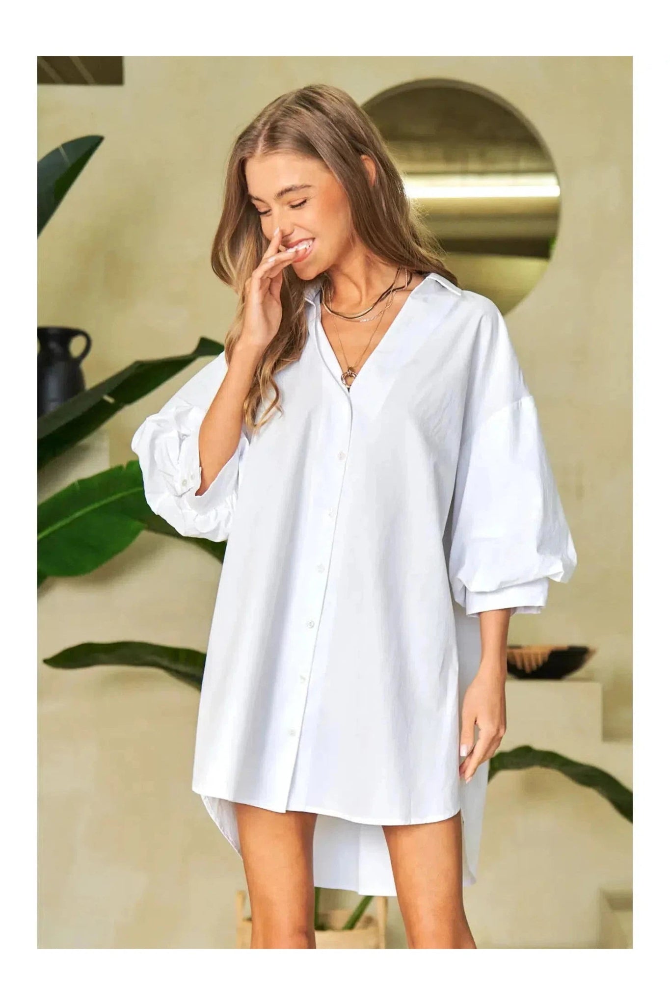 Bubble Sleeve V Neck Shirt Dress - Mack & Harvie