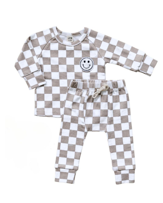Checkered Smiley Lounge Set | Latte - Mack & Harvie