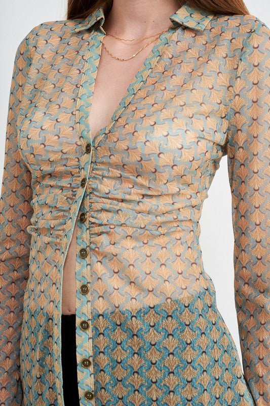 LONG SLEEVE BUTTON FRONT MESH TOP - Mack & Harvie