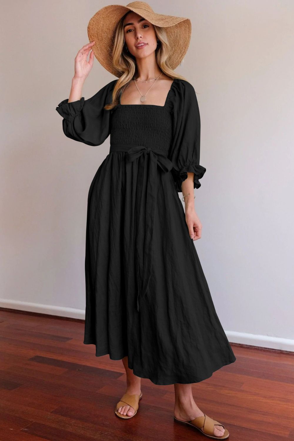 Smocked Square Neck Flounce Sleeve Dress - Mack & Harvie