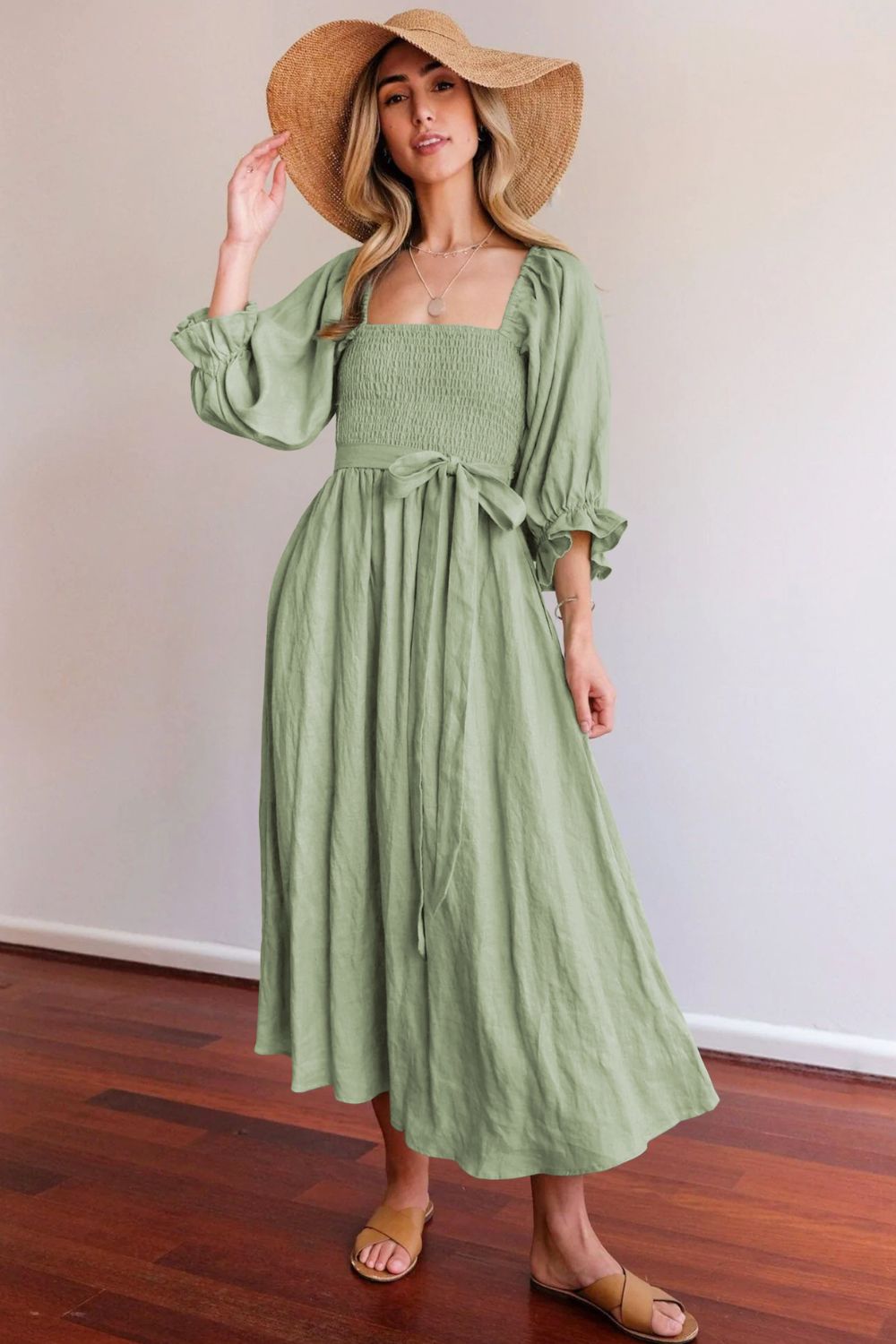 Smocked Square Neck Flounce Sleeve Dress - Mack & Harvie