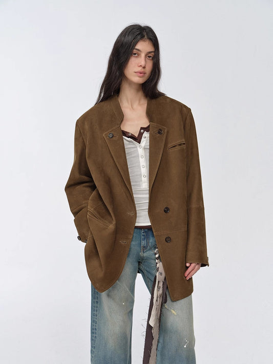 "Bavaria" Vintage Suede/Waxy Goatskin Leather Mid-Length Suit Jacket